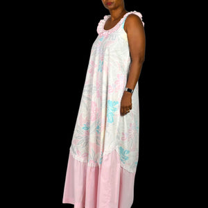 Vintage Hilda Hawaii Dress Pink Pastel Hawaiian Floral Maxi Tiered Eyelet Muumuu Small