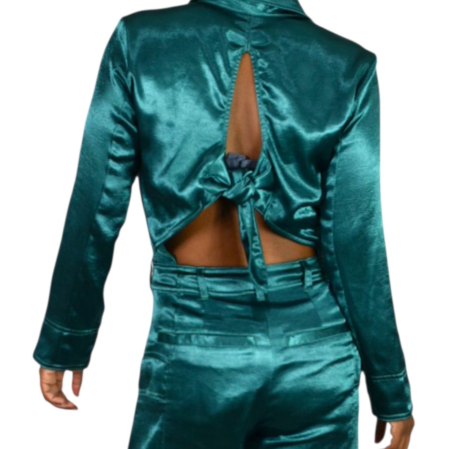 Free People Night Like This One Satin Jumpsuit Green Emerald Jewel Tone Silky Flare Wide Leg Cutout Utility XS