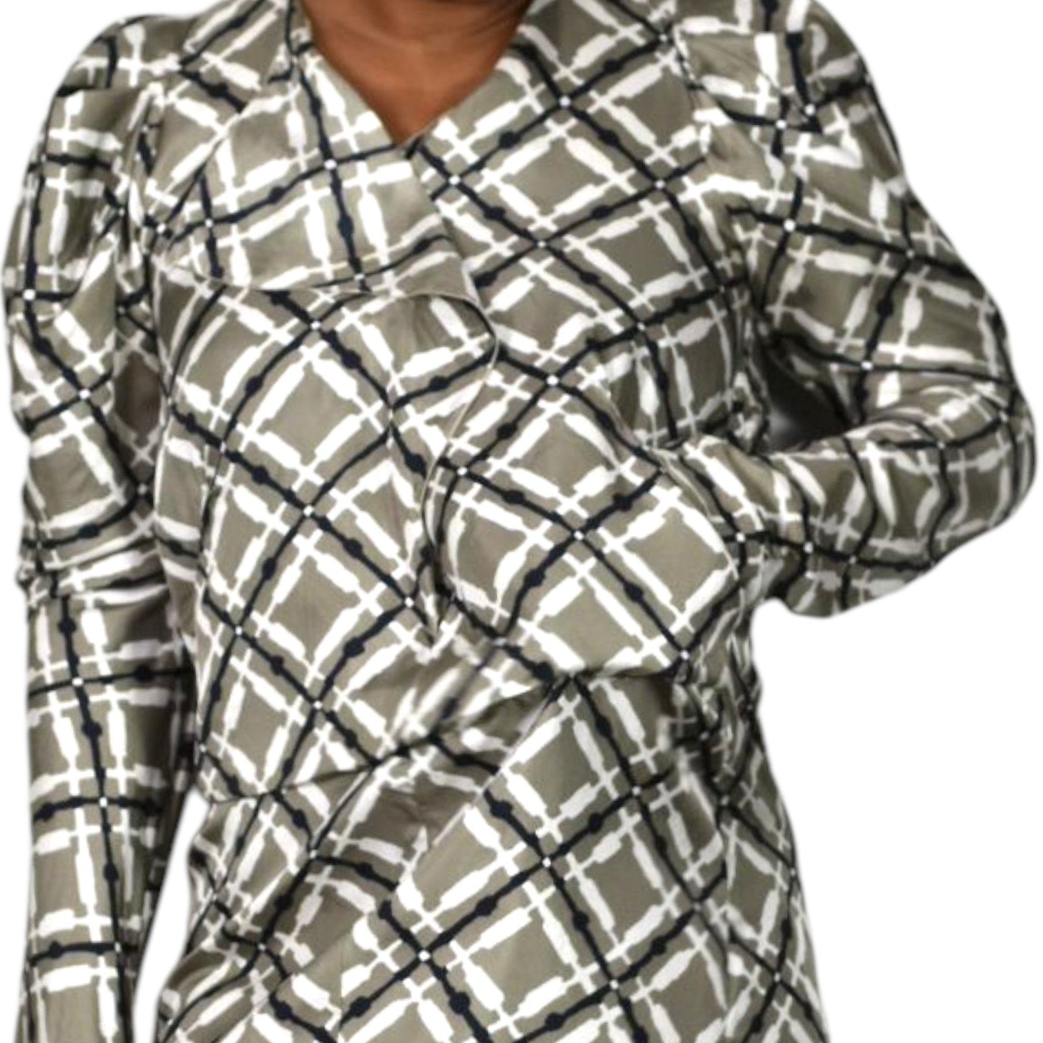 Marni Silk Print Dress Grey Geo Grid Puff Sleeve Origami Folds Sculpted Sheath 40