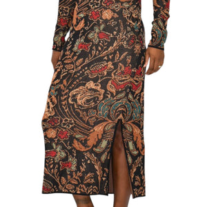 Peruvian Connection Floral Tapestry Jacquard Sweater Dress Black Cotton Knit Print Long Sleeves Midi Small