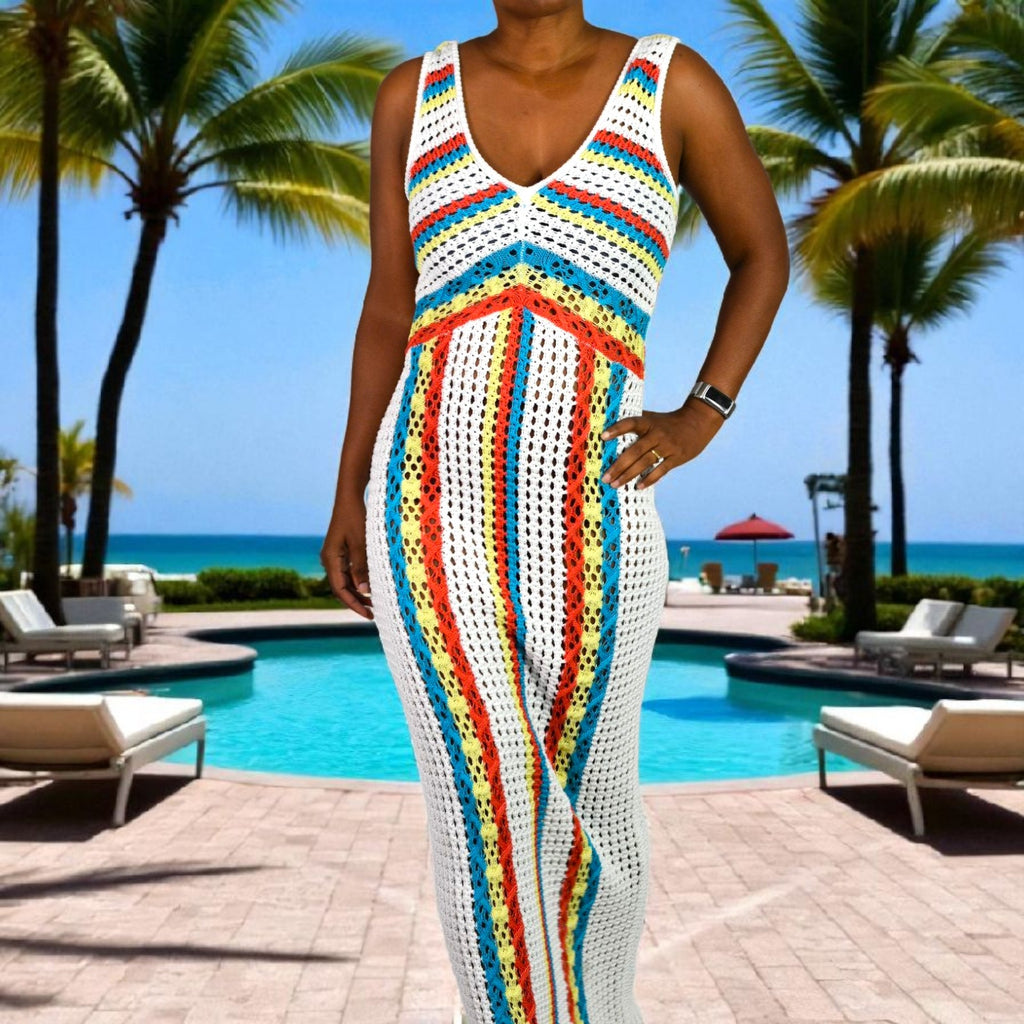 Solid Striped Aubrey Crochet Maxi Cover Up Dress White Rainbow Vertical Stripe Knit Small