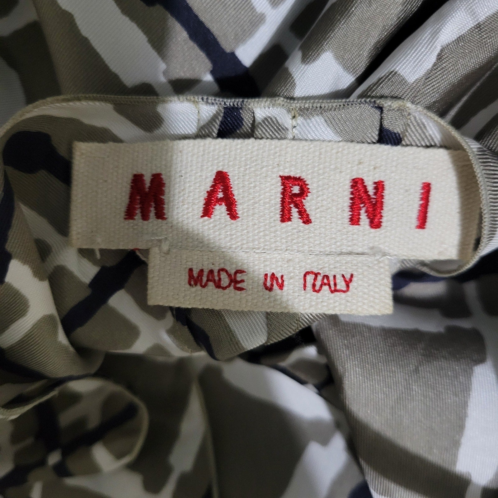 Marni Silk Print Dress Grey Geo Grid Puff Sleeve Origami Folds Sculpted Sheath 40