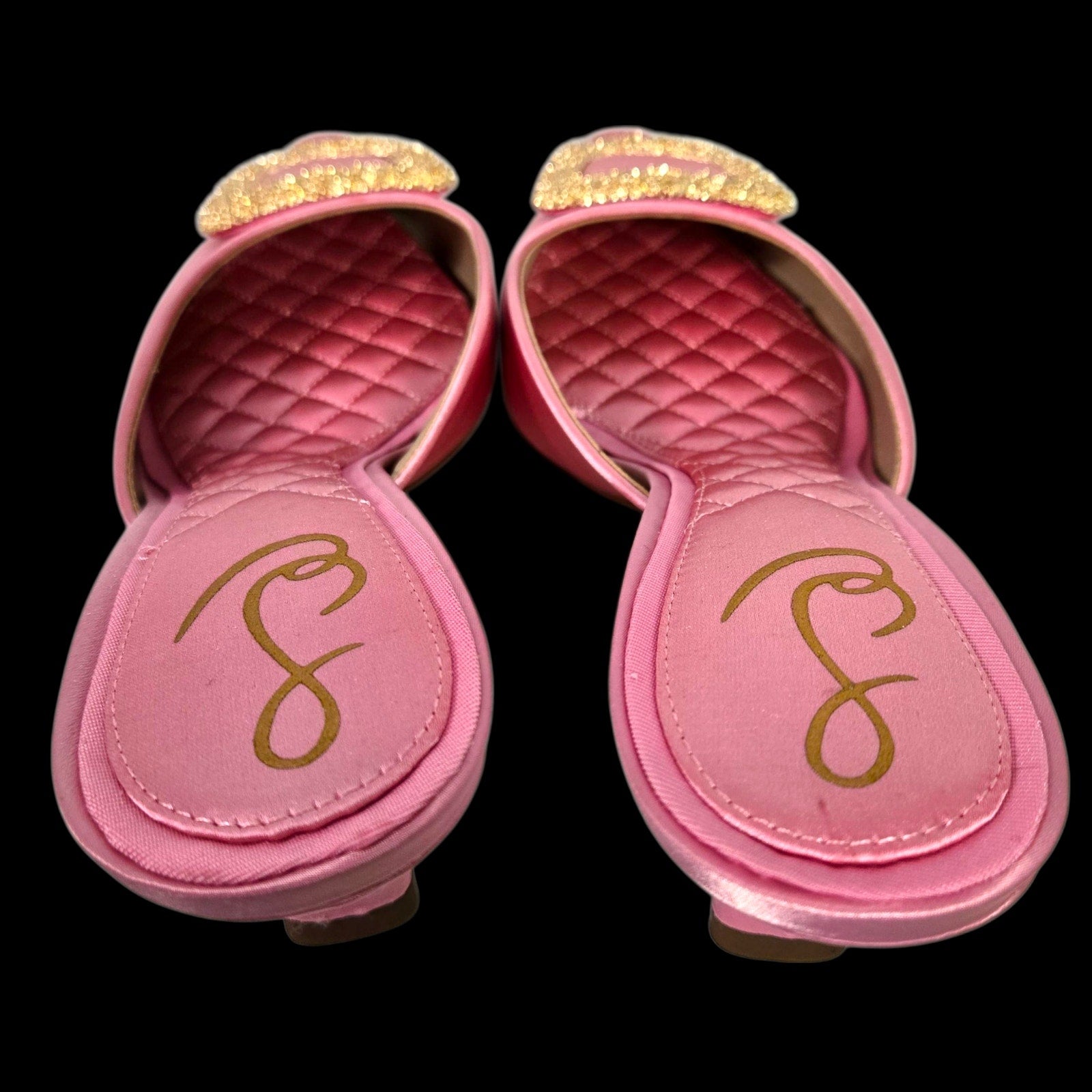 Sam Edelman Brit Satin Mules Pink Almond Toe Embellished Buckle Quilted Sole Kitten Heel 8