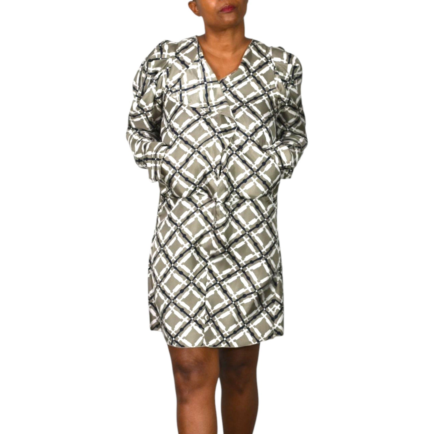 Marni Silk Print Dress Grey Geo Grid Puff Sleeve Origami Folds Sculpted Sheath 40