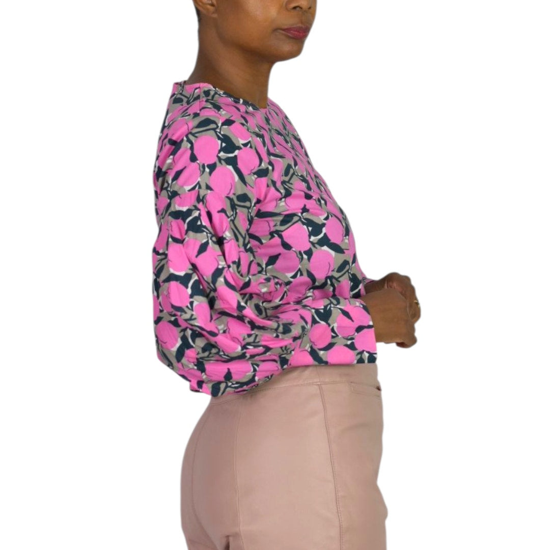 The Sang Fruit Floral Print Blouse Pink Cotton Poplin Statement Balloon Sleeves Top Small