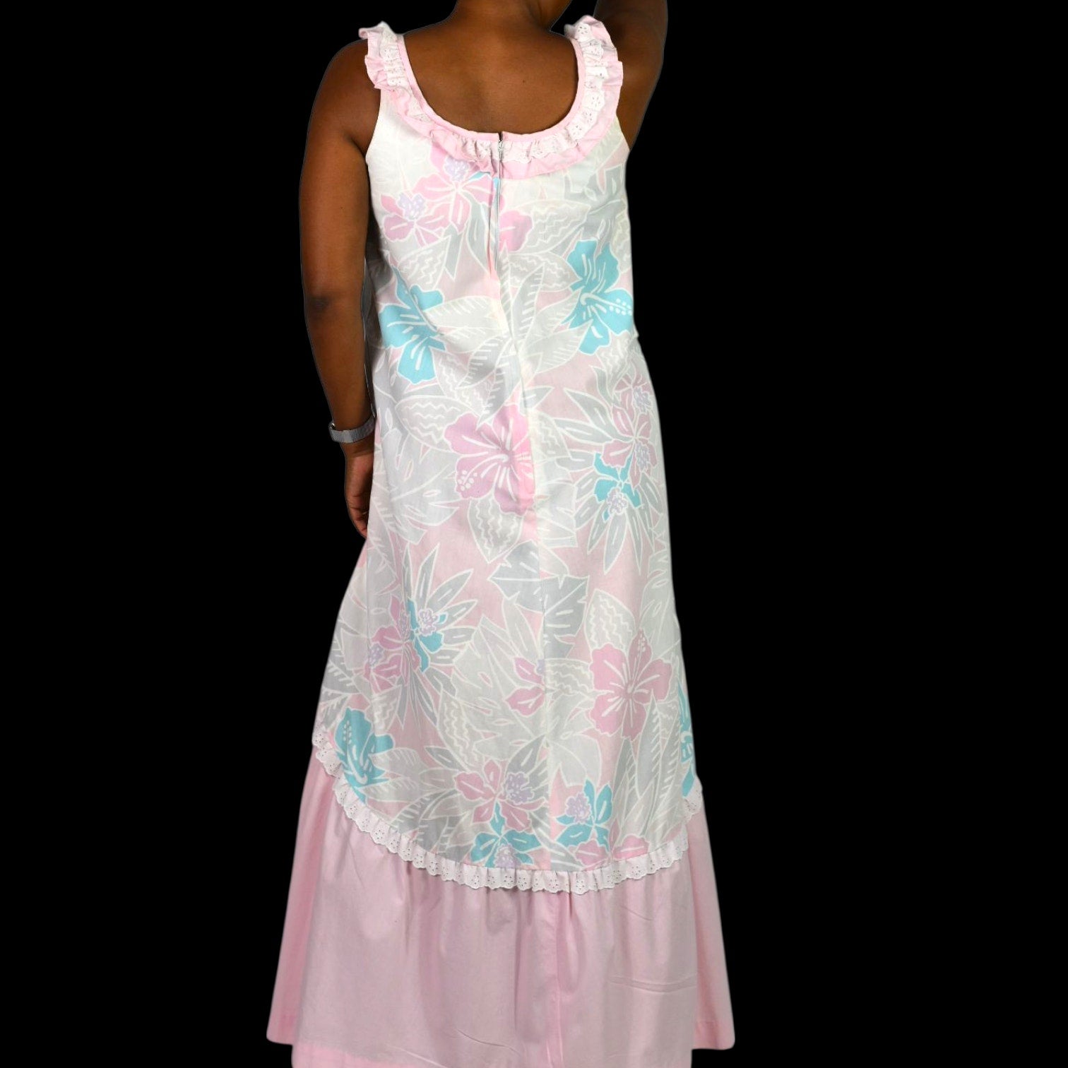 Vintage Hilda Hawaii Dress Pink Pastel Hawaiian Floral Maxi Tiered Eyelet Muumuu Small