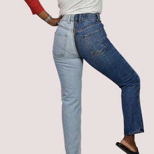 Revice Ying Yang Crop Jeans Blue Two Tone Denim Straight Front to Back Zipper High Waisted 27