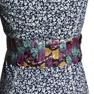 Embossed Stretch Belt Purple Multi Snakeskin Stretchy Elastic Wide Scalloped Medium Large