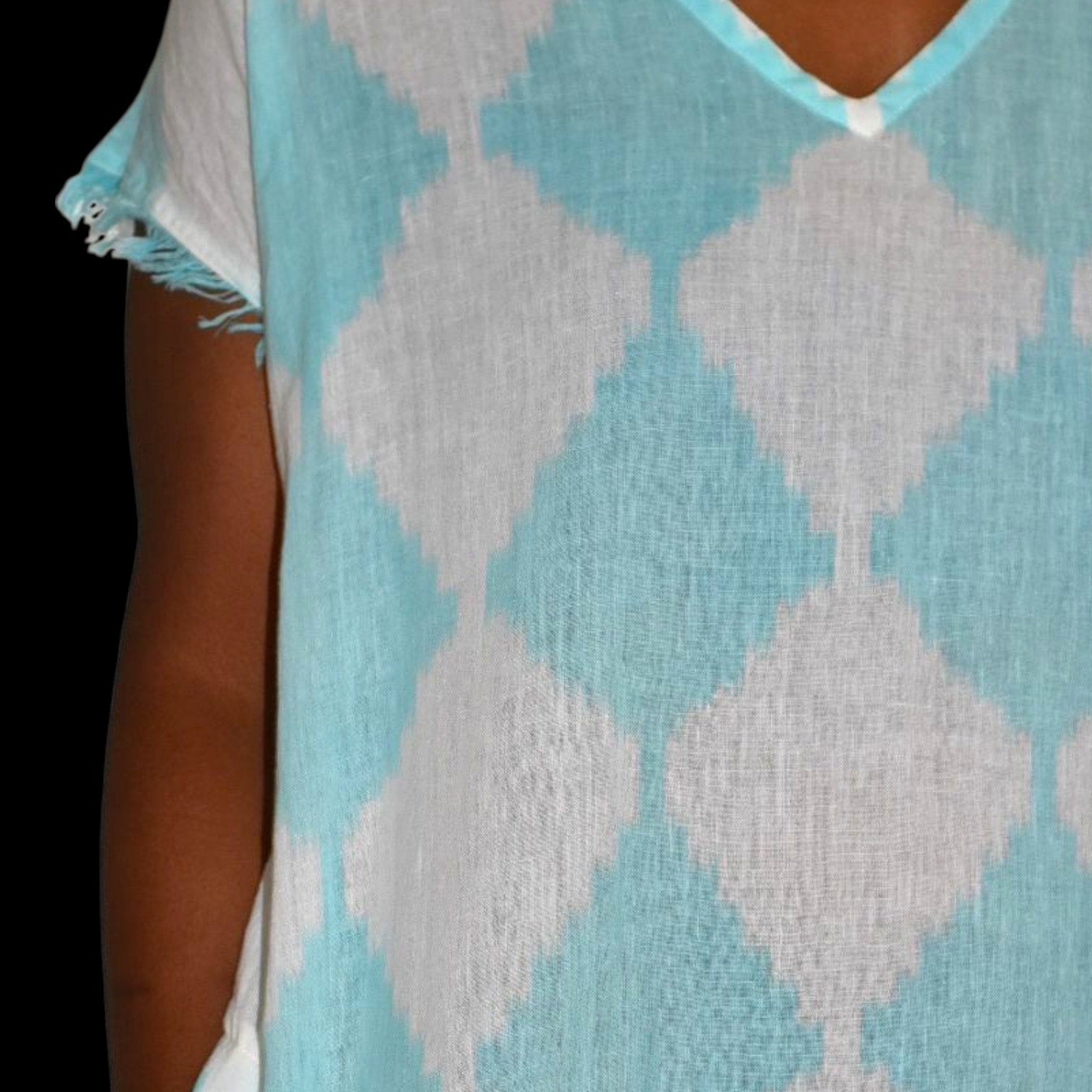 Lula Soul Cotton Caftan Blue Diamond Print Fringe Lightweight Dress Maxi Slits Cover Up Tunic XS