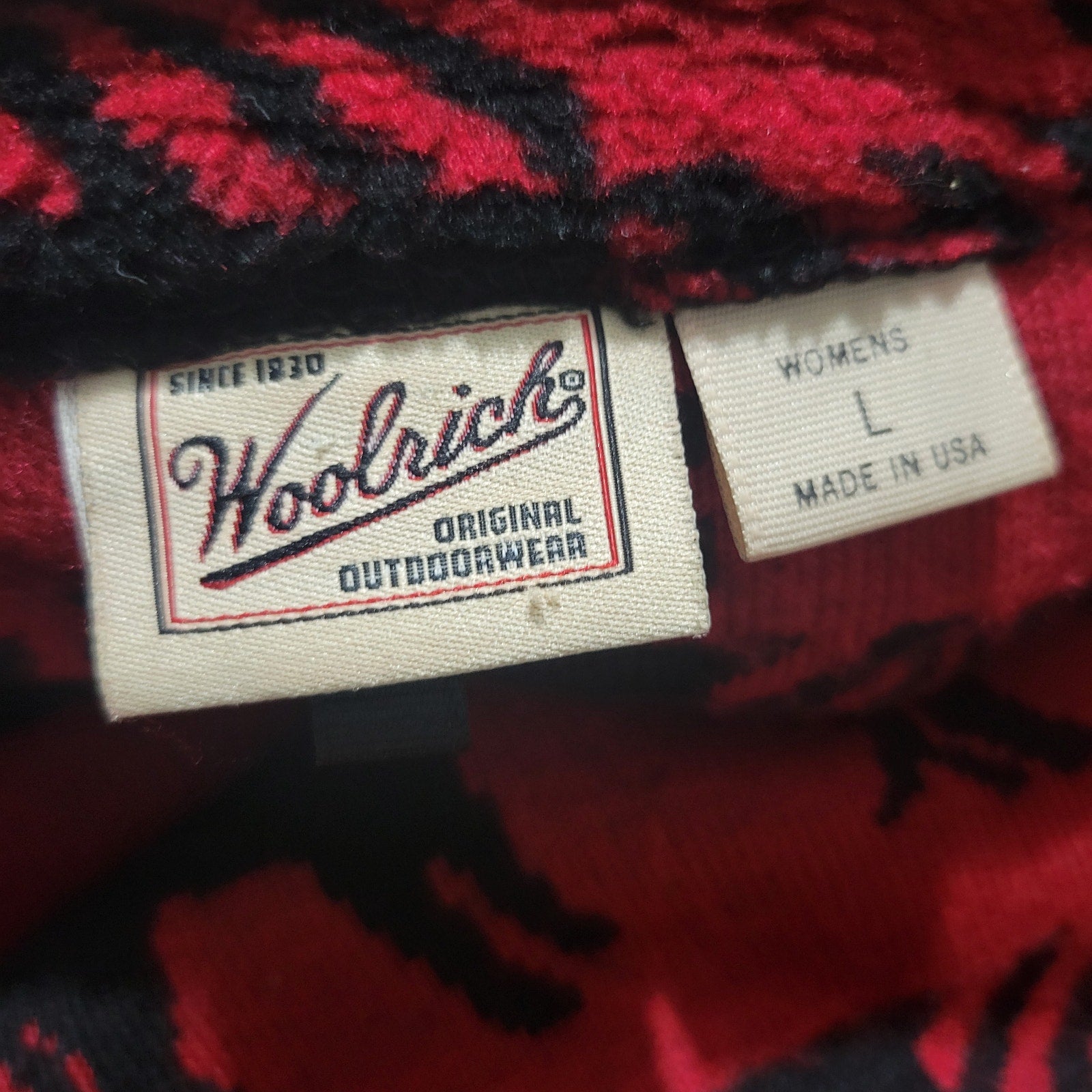 Woolrich Sherpa Fleece Jacket Red Quarter Zip Wolf Buffalo Plaid Ski Southwestern Blanket Size Large