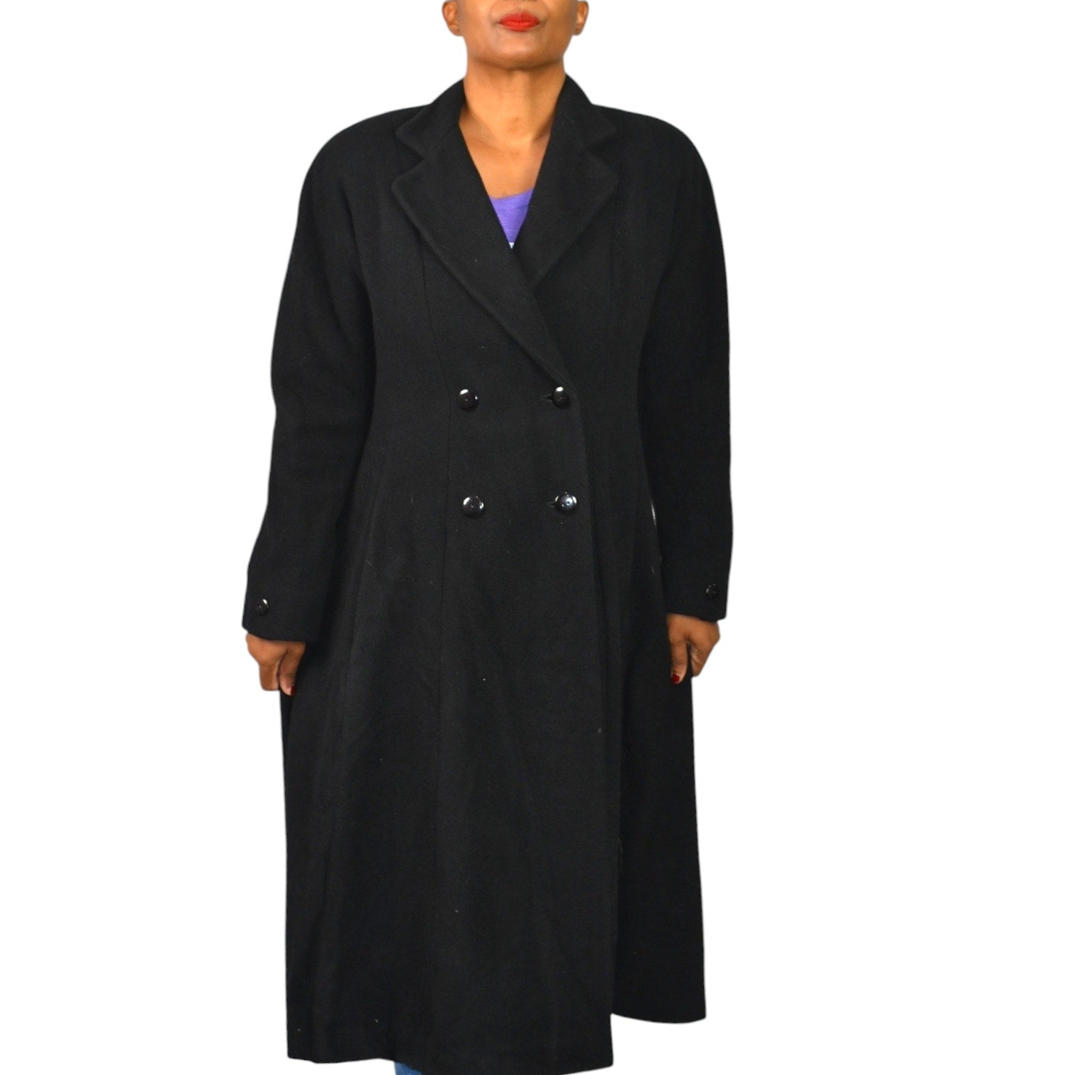 Vintage Wool Coat Long Black Double Breasted Midi Flare 80s Dress JG Hook Size Medium