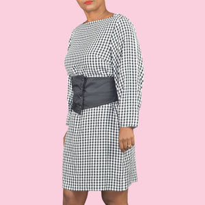 Tibi Gingham Dress Black Corset Belt Check Plaid Shift Long Sleeve Knee Length Size 6