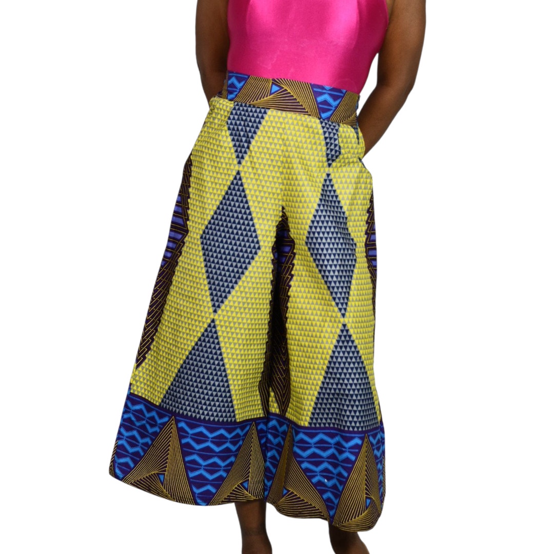 Grass Fields Ankara Wide Leg Crop Pants Yellow Culottes Gaucho African Print Small Medium