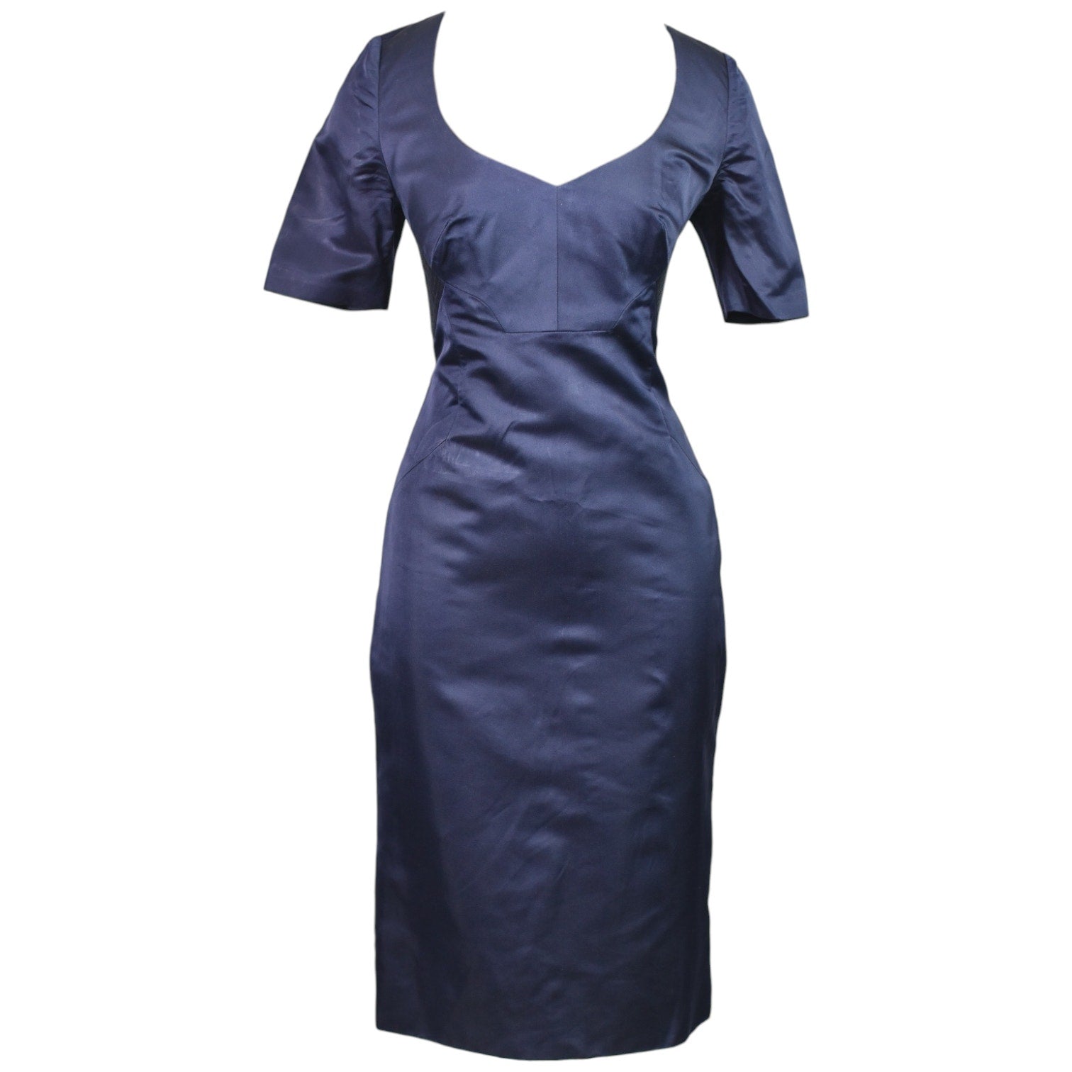 Carolina Herrera Sheath Dress Blue Navy Satin Pencil Fitted Silk Satin Sweetheart Neckline Size 2