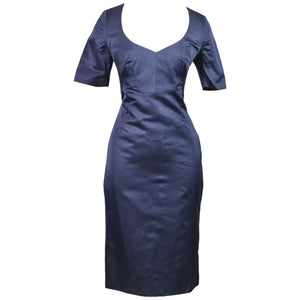 Carolina Herrera Sheath Dress Blue Navy Satin Pencil Fitted Silk Satin Sweetheart Neckline Size 2