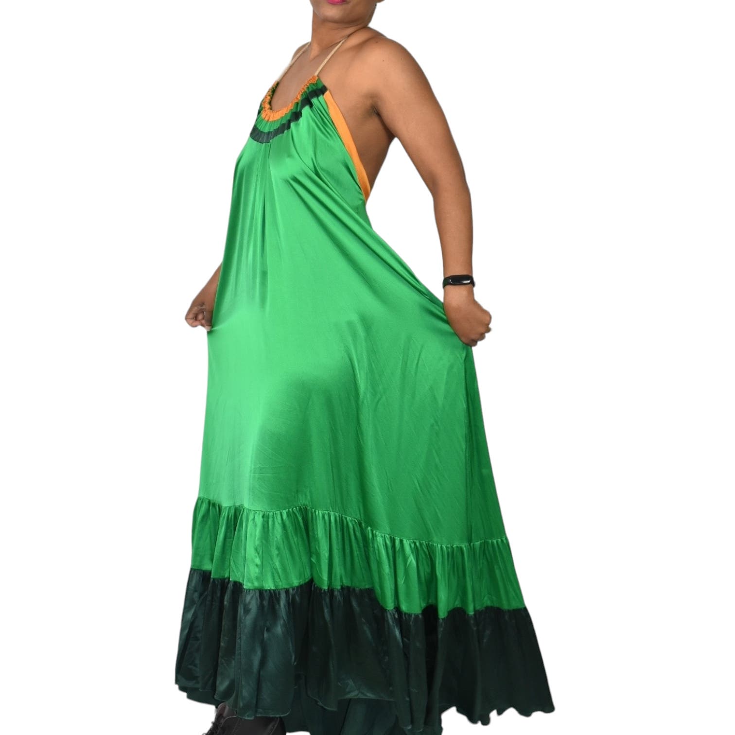 Love Binetti Halter Dress Green Silk Satin Maxi Sundress Draped Tent Oversized Lounge Patio Flowy Size Medium