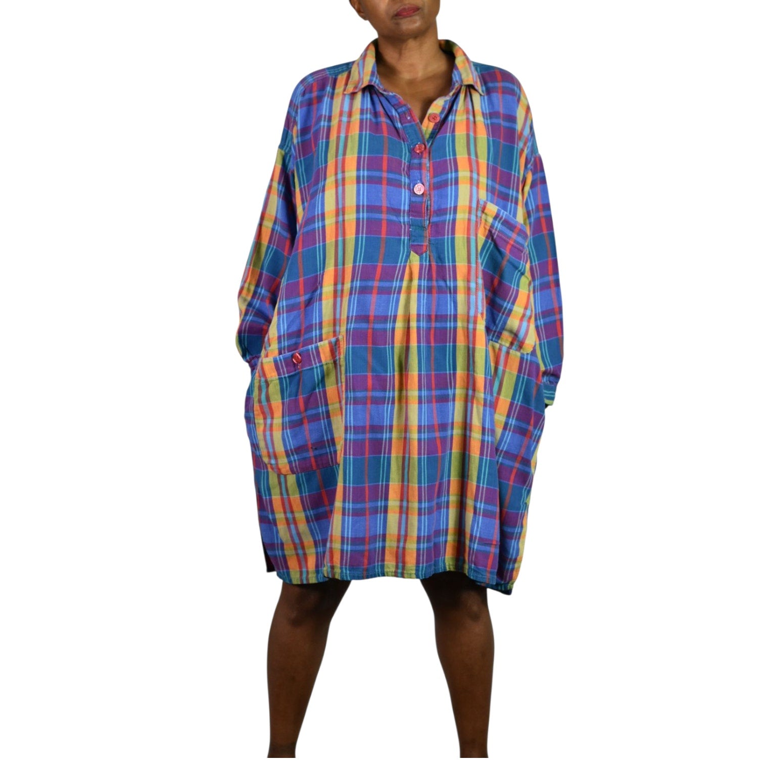 Bloomingdales Lingerie Vintage Nightshirt Blue Plaid Check Bloomies Shirtdress Button Front Dress Pockets Cotton Oversized One Size
