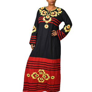 Egyptian Embroidered Caftan Dress Black Long Cover Up Tunic Floral Embroidery Yellow Large