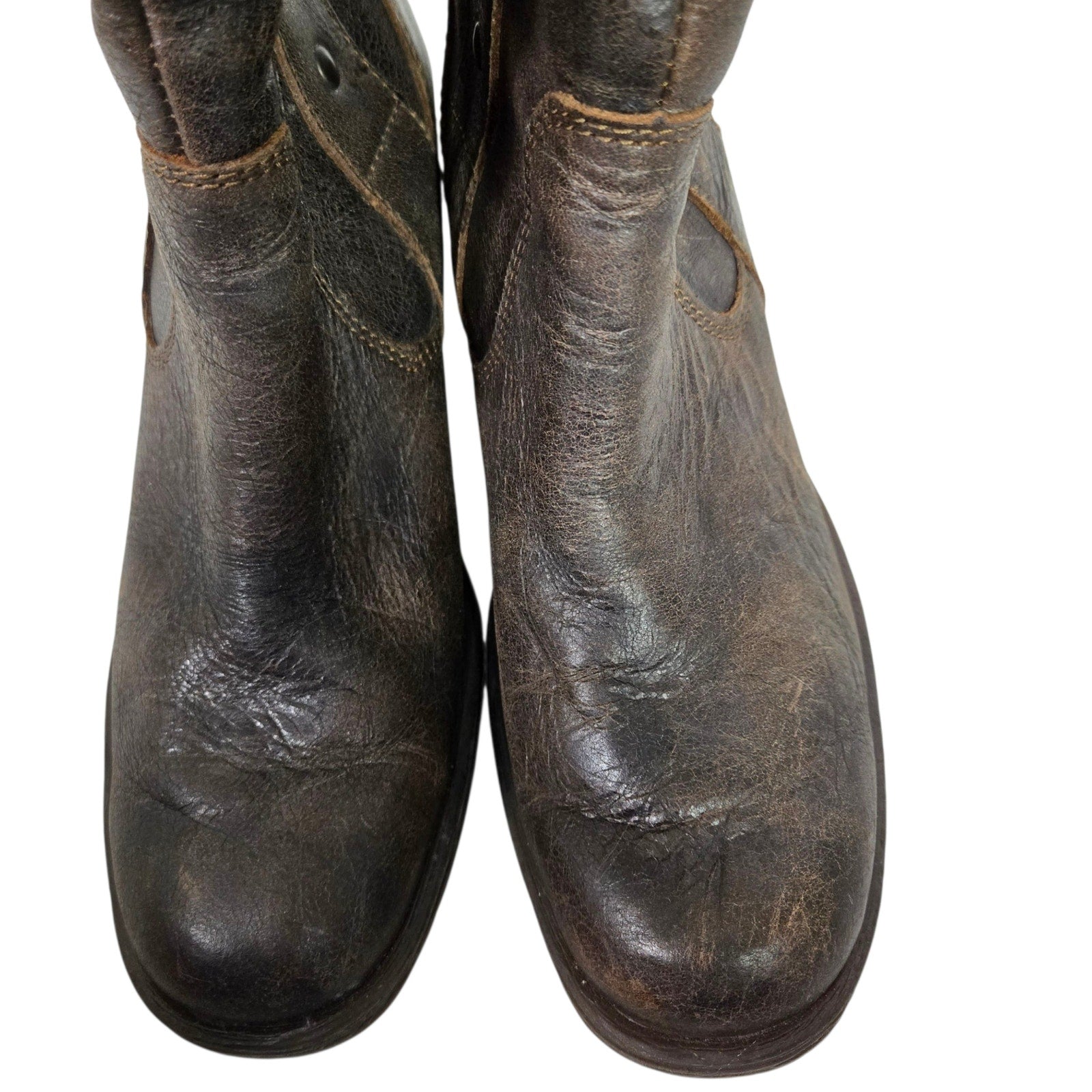 Born Leather Motorcycle Boots Brown Distressed Studs Mid Calf Winter Pull On 8.5