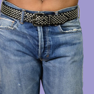 Guess Studded Leather Belt Silver Rivet Black Brass Buckle Edgy Moto Biker Large