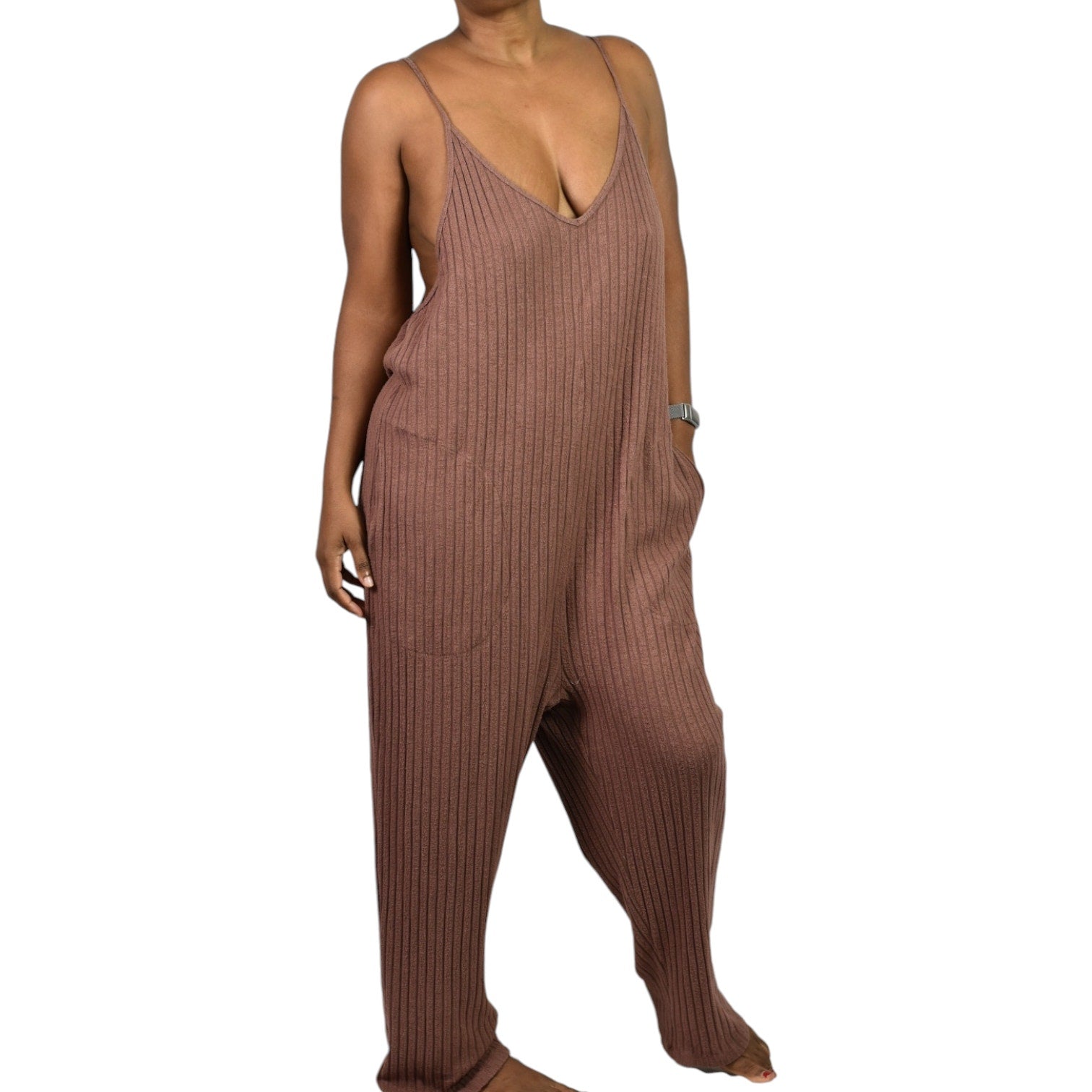 American Eagle Ribbed Knit Jumpsuit Brown Lounge Drop Crotch Racerback. Relaxed Size Medium