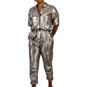 Xirena Theo Metallic Jumpsuit Bronze Brown Metallic Shimmer Cotton Lurex Belted Small