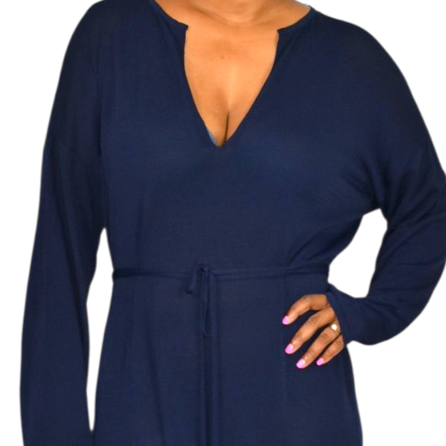 Zara Knit Maxi Dress Blue Navy Sheer V Neck Oversized Belted Caftan Long Viscose Casual Medium