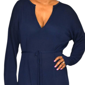 Zara Knit Maxi Dress Blue Navy Sheer V Neck Oversized Belted Caftan Long Viscose Casual Medium