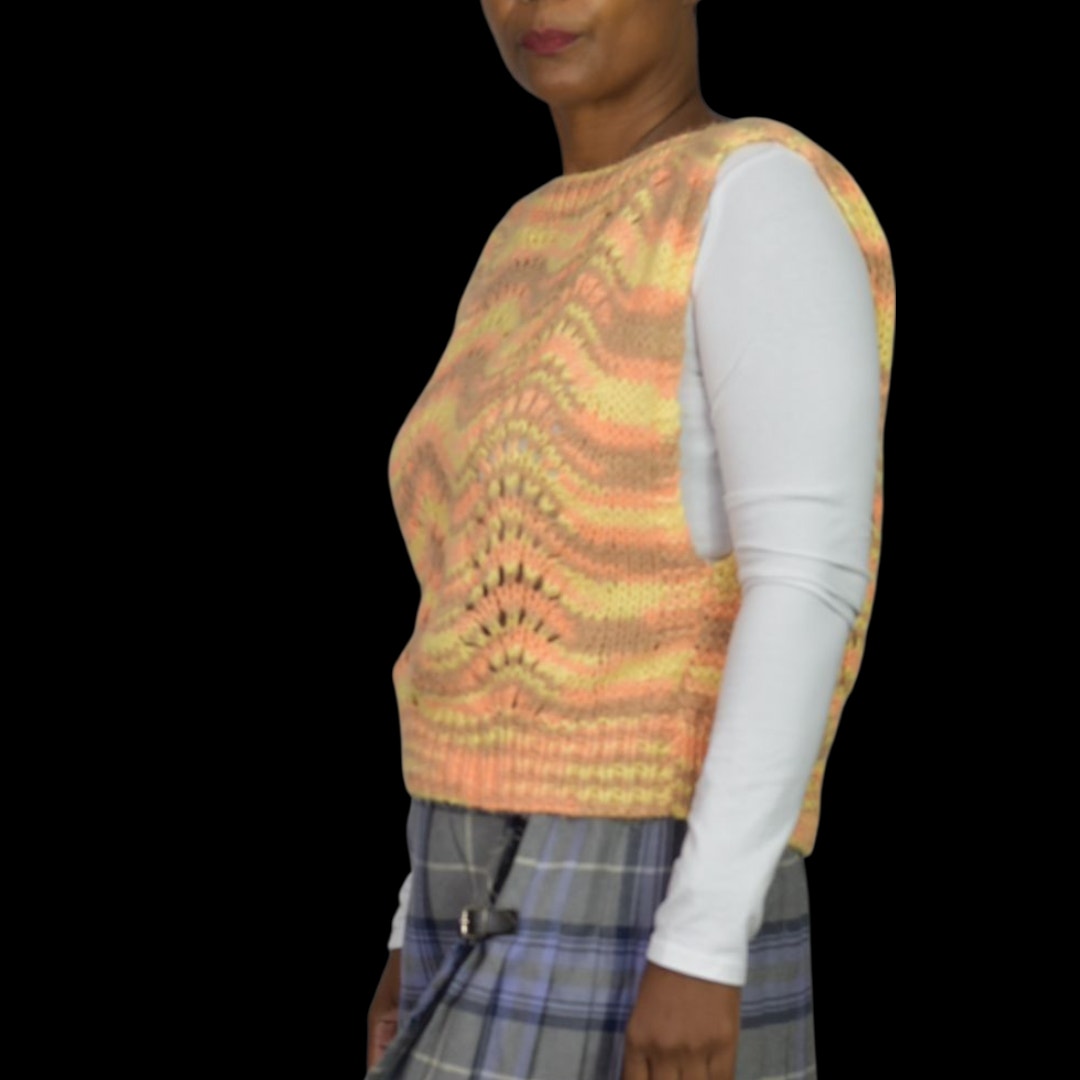 Homemade Sweater Vest Top Jerkin Yellow Vintage Hand Knit Knitted Pastel Wave Medium