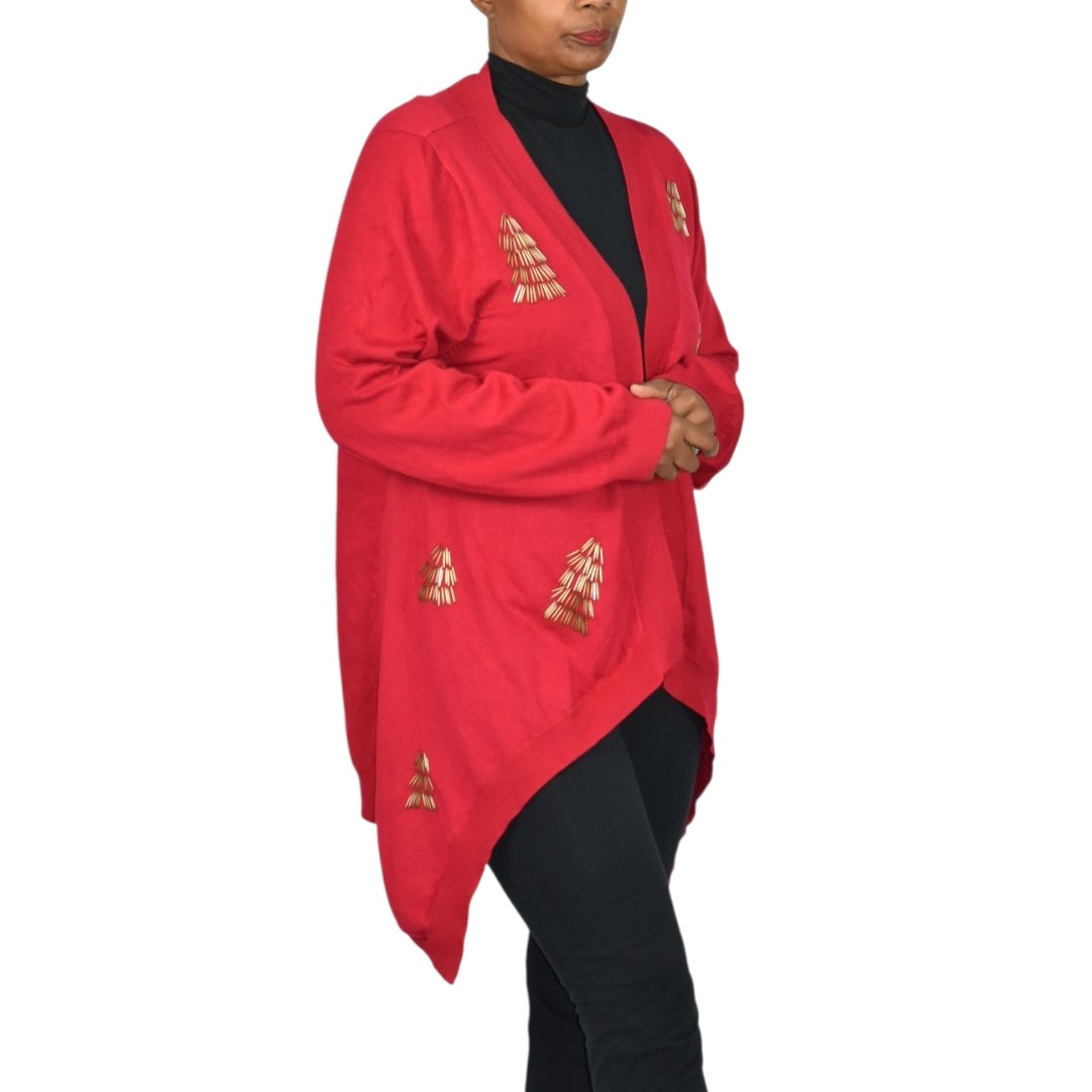 Michael Simon Cardigan Sweater Red Duster Beaded Christmas Trees Asymmetric Cotton Plus 1X