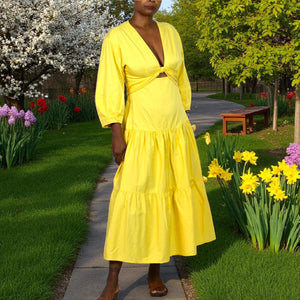 Derek Lam Twist Front Midi Dress Yellow Waist Cutout Poplin Cotton Tiered Medium 40 8