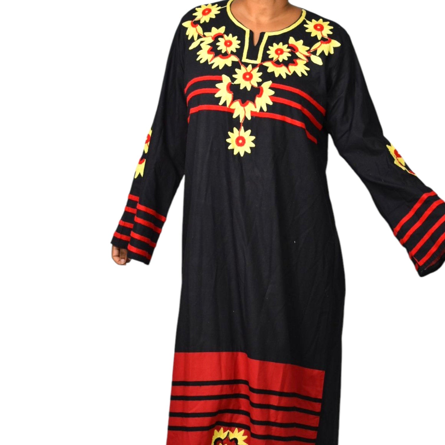 Egyptian Embroidered Caftan Dress Black Long Cover Up Tunic Floral Embroidery Yellow Large