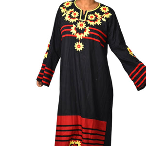 Egyptian Embroidered Caftan Dress Black Long Cover Up Tunic Floral Embroidery Yellow Large
