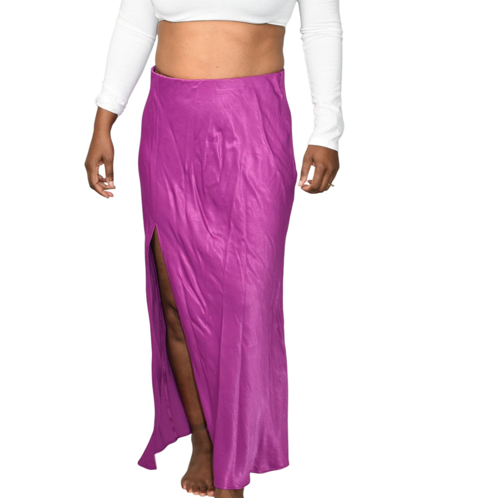 Anthropologie Silky Slip Skirt Purple Magenta Thigh Slit Midi Straight Column Viscose Medium