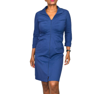 Lafayette 148 Zip Front Shirt Dress Blue Cotton Poplin Classic Ruched Shirtdress Size 2