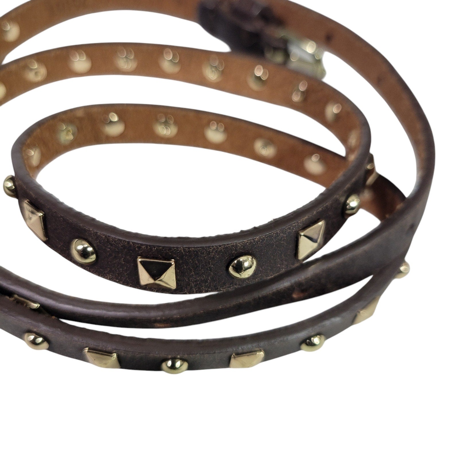 J Crew Studded Skinny Belt Dark Brown Leather Gold Studs Adjustable Classic Medium