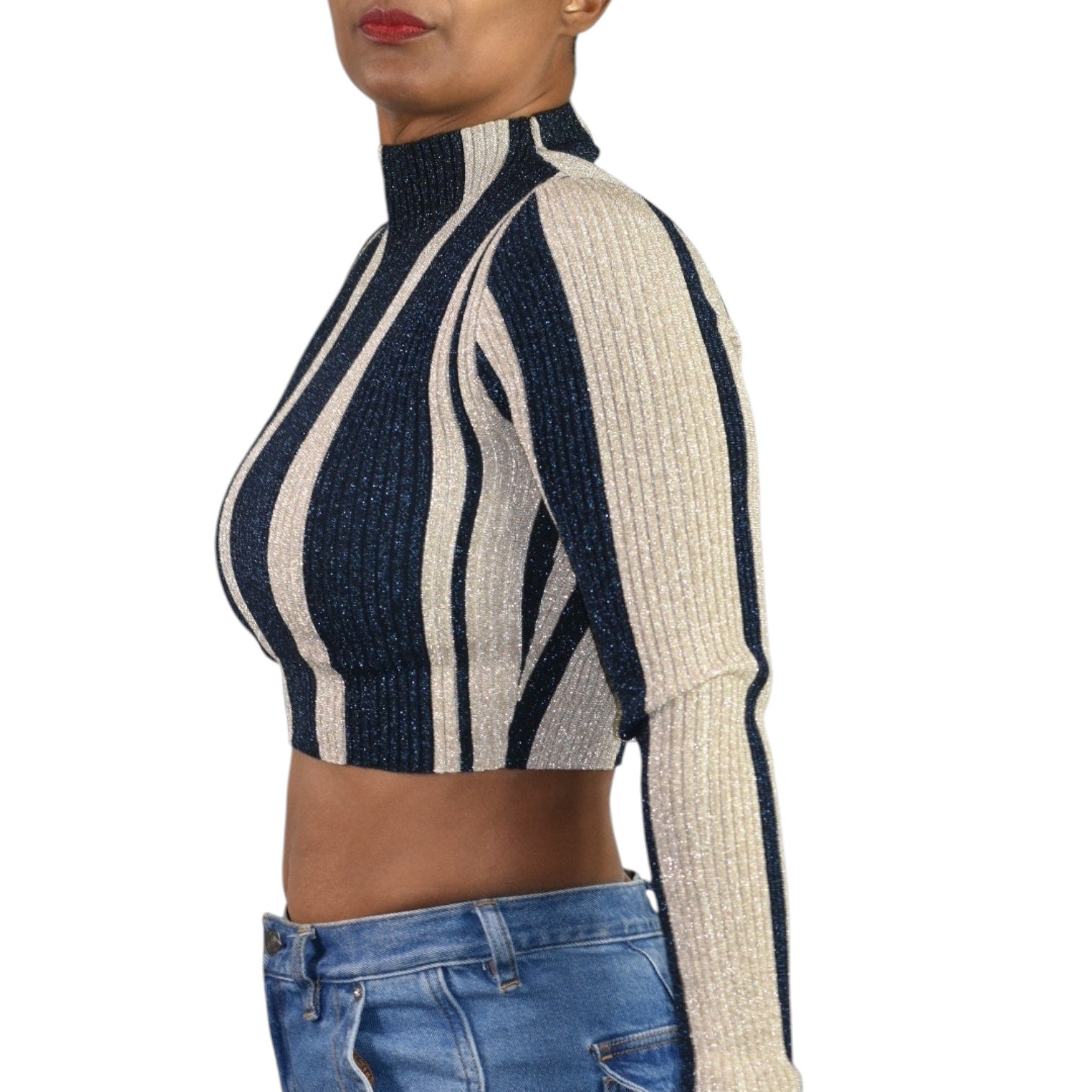 Self Portrait Crop Top Blue Striped Knit Lurex Metallic Shiny Mock Neck Fitted Small