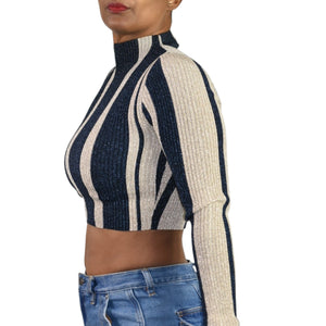 Self Portrait Crop Top Blue Striped Knit Lurex Metallic Shiny Mock Neck Fitted Small