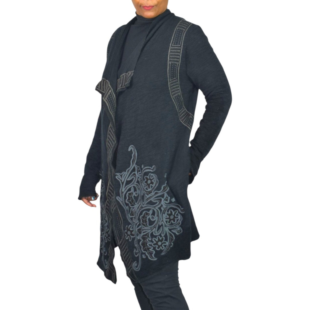Paparazzi Biz Embroidered Asymmetric Cardigan Jacket Black Duster Cotton Open Front Medium