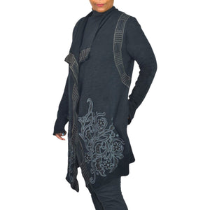 Paparazzi Biz Embroidered Asymmetric Cardigan Jacket Black Duster Cotton Open Front Medium