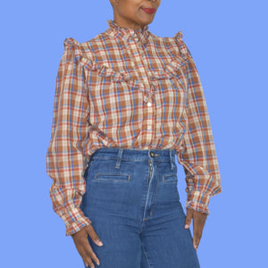 Vintage Plaid Ruffle Blouse Brown Victorian High Neck Shirt Homemade Yoked Small