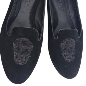 Alexander McQueen Skull Loafers Black Suede Flats Leather Sequin Slip On Semi Pointed Toe 39.5 9.5