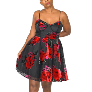 Betsey Johnson Lucia Bustier Dress Red Floral Mini Sheer Velvet Burnout Rose Corset Babydoll Sweetheart Large