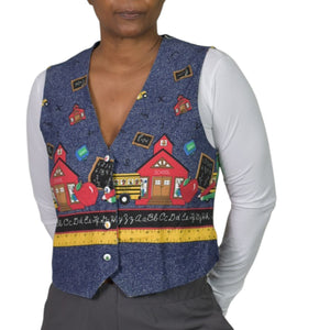Homemade School Bus Teacher Vest Blue Kids Bus Button Front Cotton Novelty Waistcoat Small
