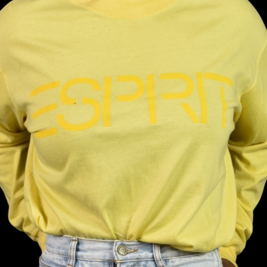 Vintage Esprit Long Sleeve Shirt Yellow Logo Pullover Cotton Retro Pastel Medium