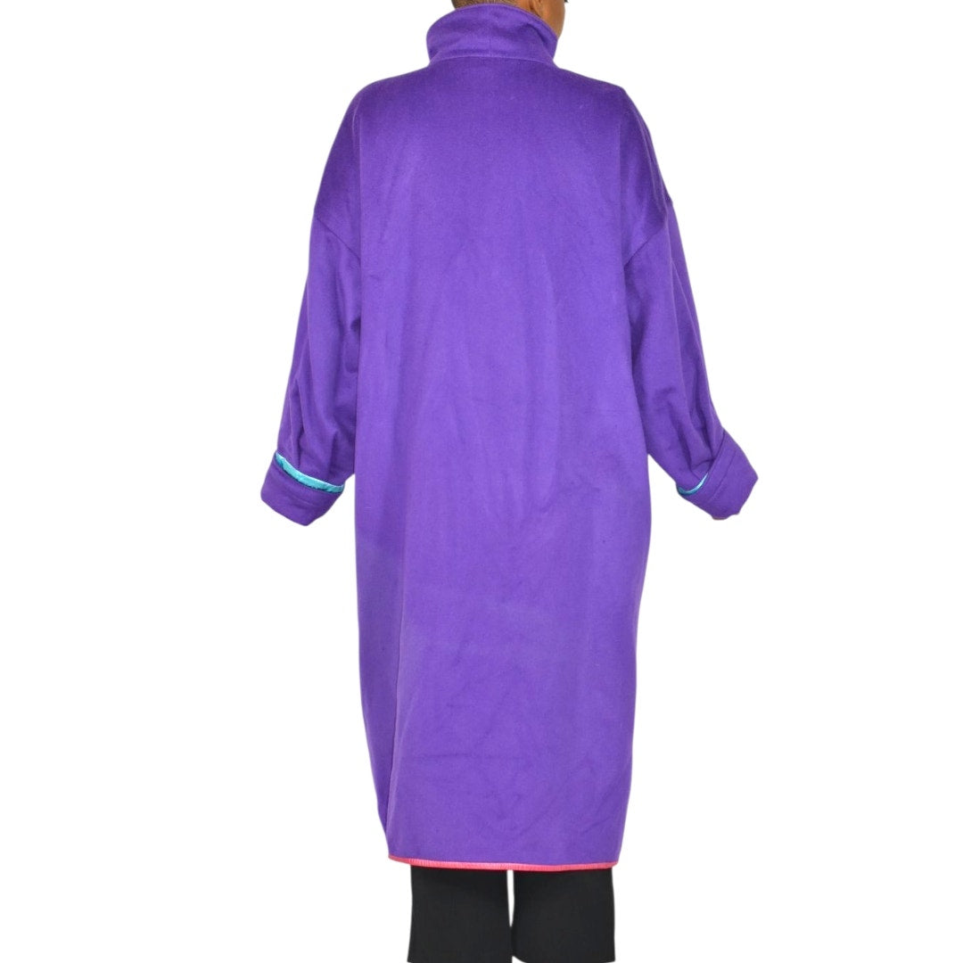 Vintage Purple Maxi Coat 90s Zip Felted Wool Blend Oversized Leather Trim Long Large OSFM