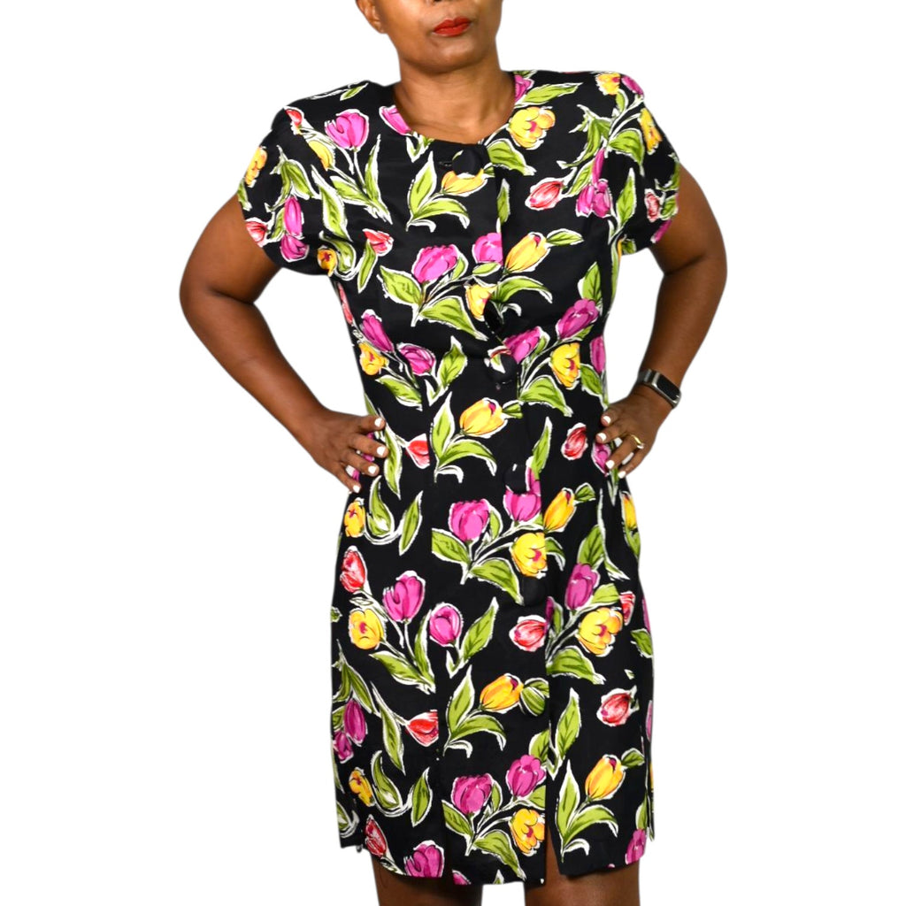 Vintage Hearts Floral Print Dress Tulips Button Front Shirtdress Slits Shoulder Pads Small