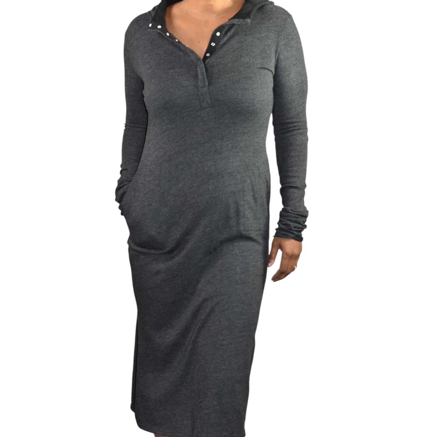 Noctex Sweater Dress Grey Charcoal Wool Midi Hooded Pockets Slits Elbow Patches XS