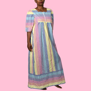 Vintage Saybury Rainbow Stripe Dress Pink Seersucker Sundress Long Patio House Sack Housecoat Muumuu Large