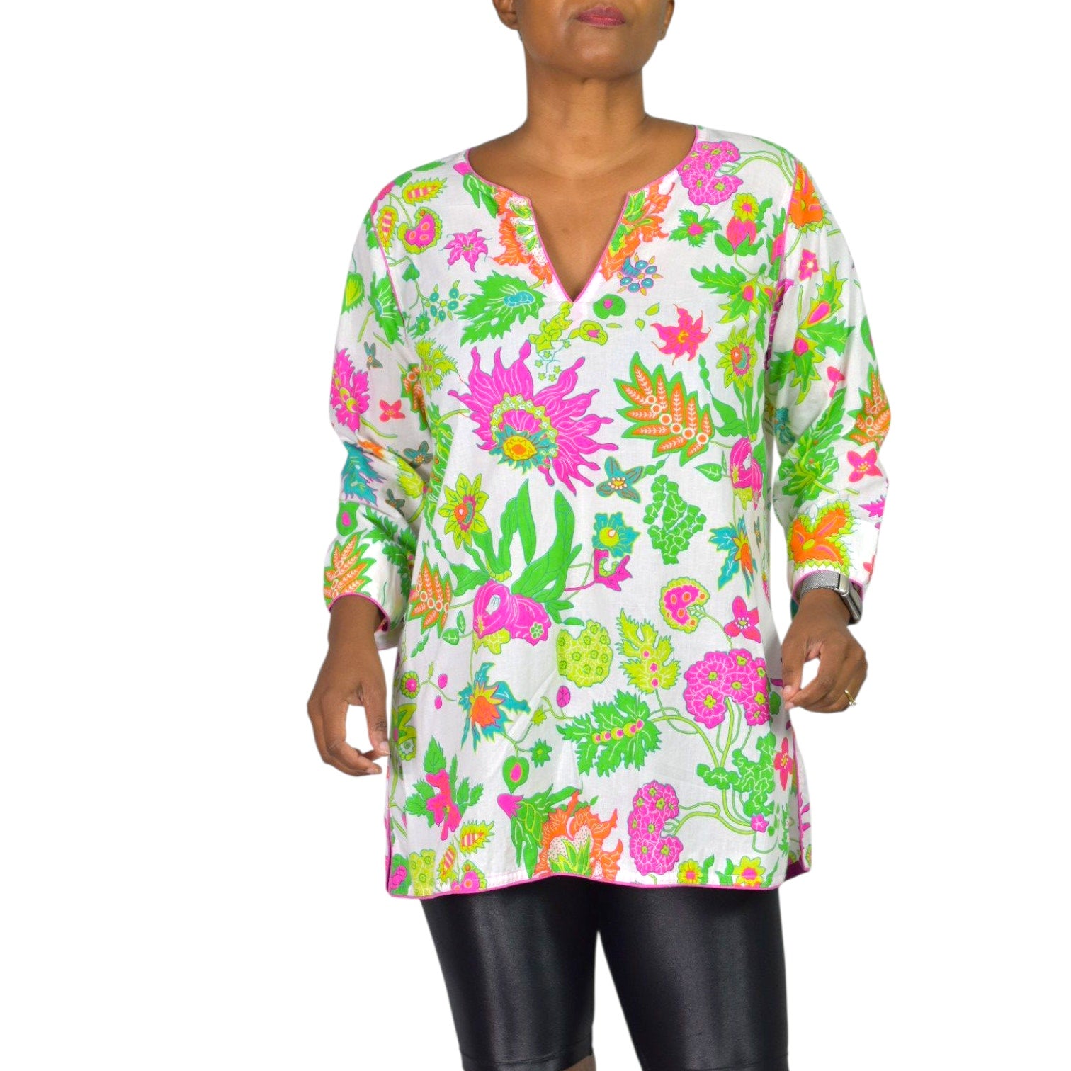 Gretchen Scott Cotton Tunic Pink Colorful Wonderland Top Blouse Cotton Floral Side Slits Split Neck Large